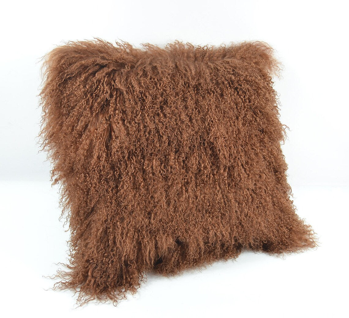 Housse de coussin en fourrure d'agneau tibétaine/mongole Moka 
