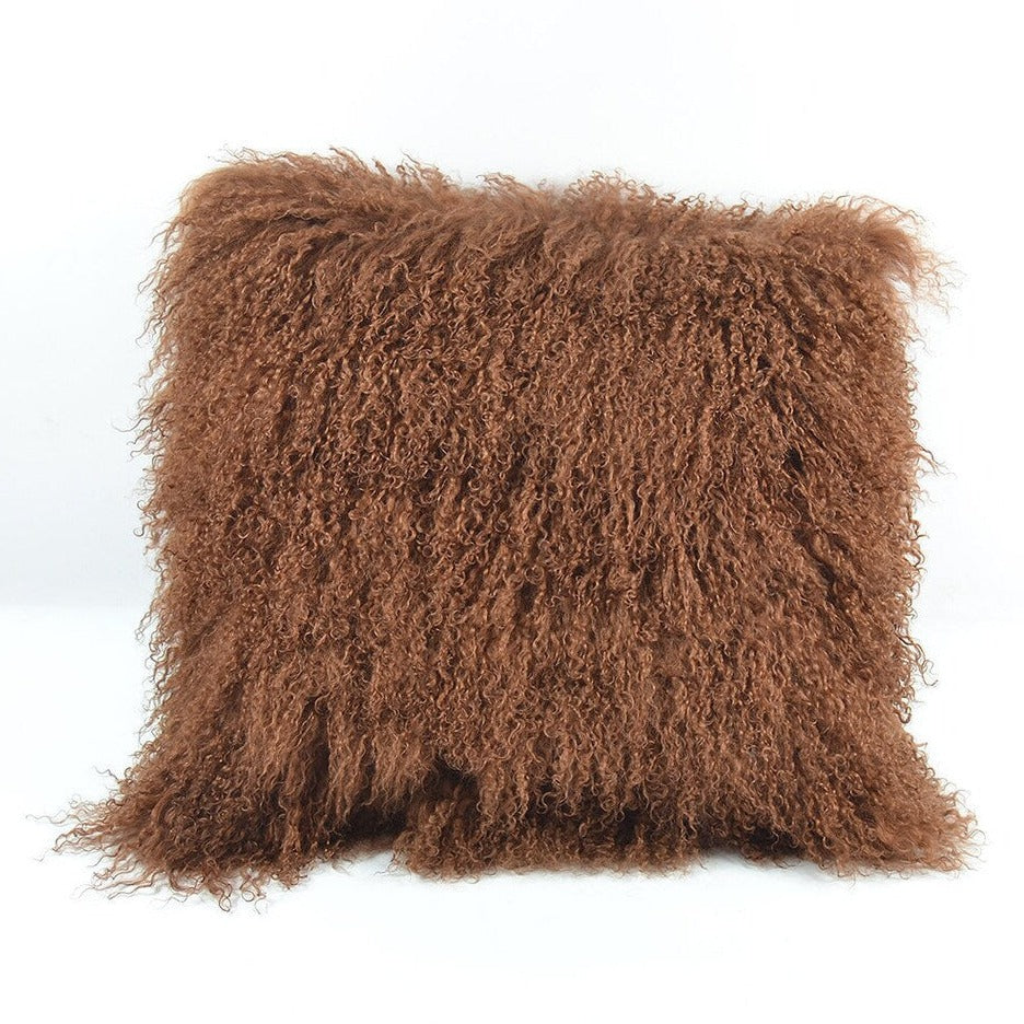 Housse de coussin en fourrure d'agneau tibétaine/mongole Moka 