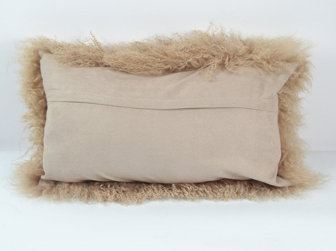 Housse de coussin en fourrure d'agneau tibétaine/mongole Beige foncé 