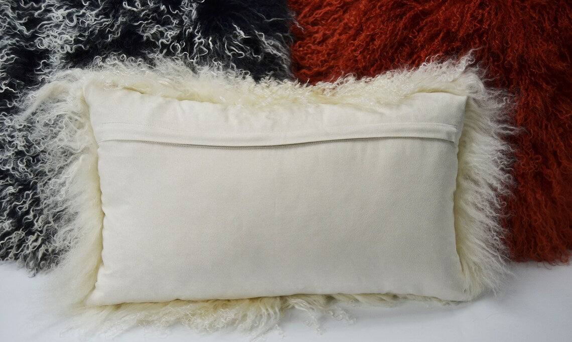 Housse de coussin en fourrure d'agneau tibétain/mongol Beige 