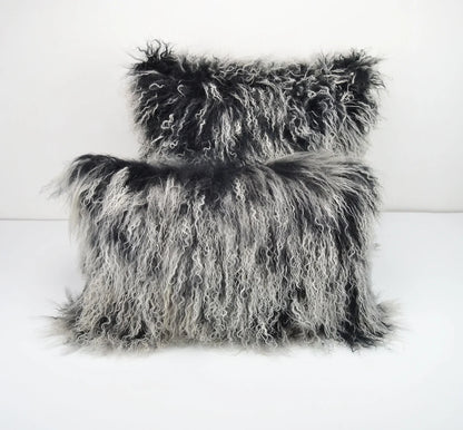 Housse de coussin en fourrure d'agneau tibétaine/mongole noir givré 