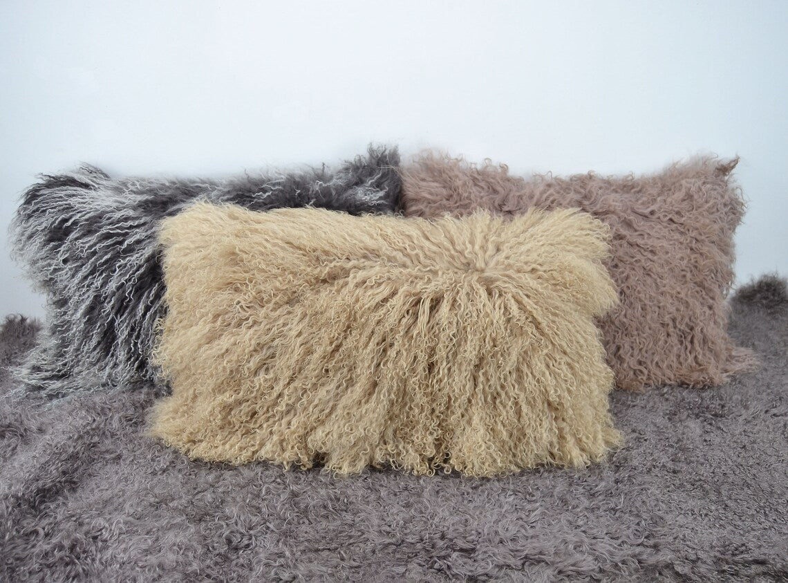 Housse de coussin en fourrure d'agneau tibétaine/mongole Beige foncé 
