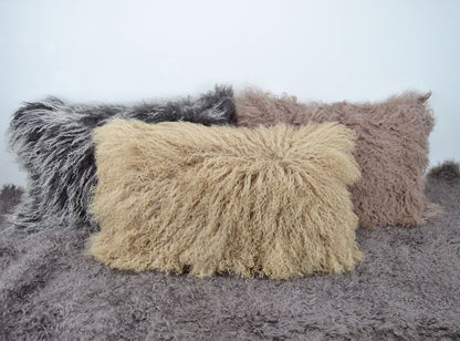 Housse de coussin en fourrure d'agneau tibétaine/mongole Beige foncé 