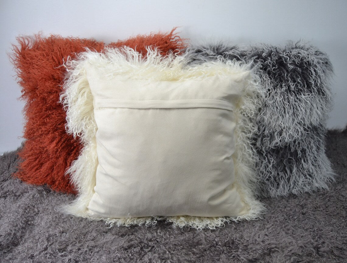 Housse de coussin en fourrure d'agneau tibétain/mongol Beige 