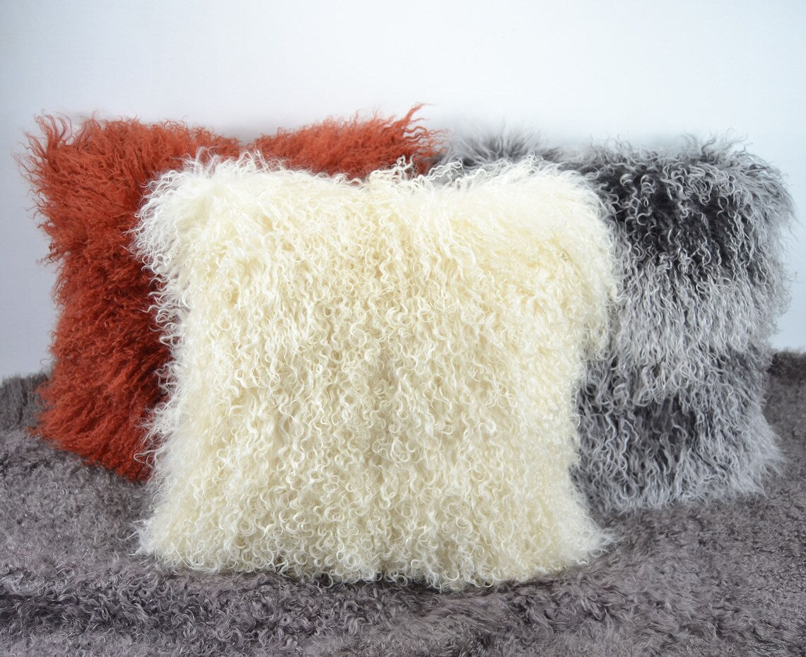 Housse de coussin en fourrure d'agneau tibétain/mongol Beige 