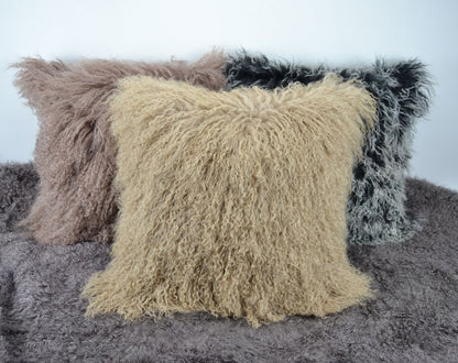 Housse de coussin en fourrure d'agneau tibétaine/mongole Beige foncé 