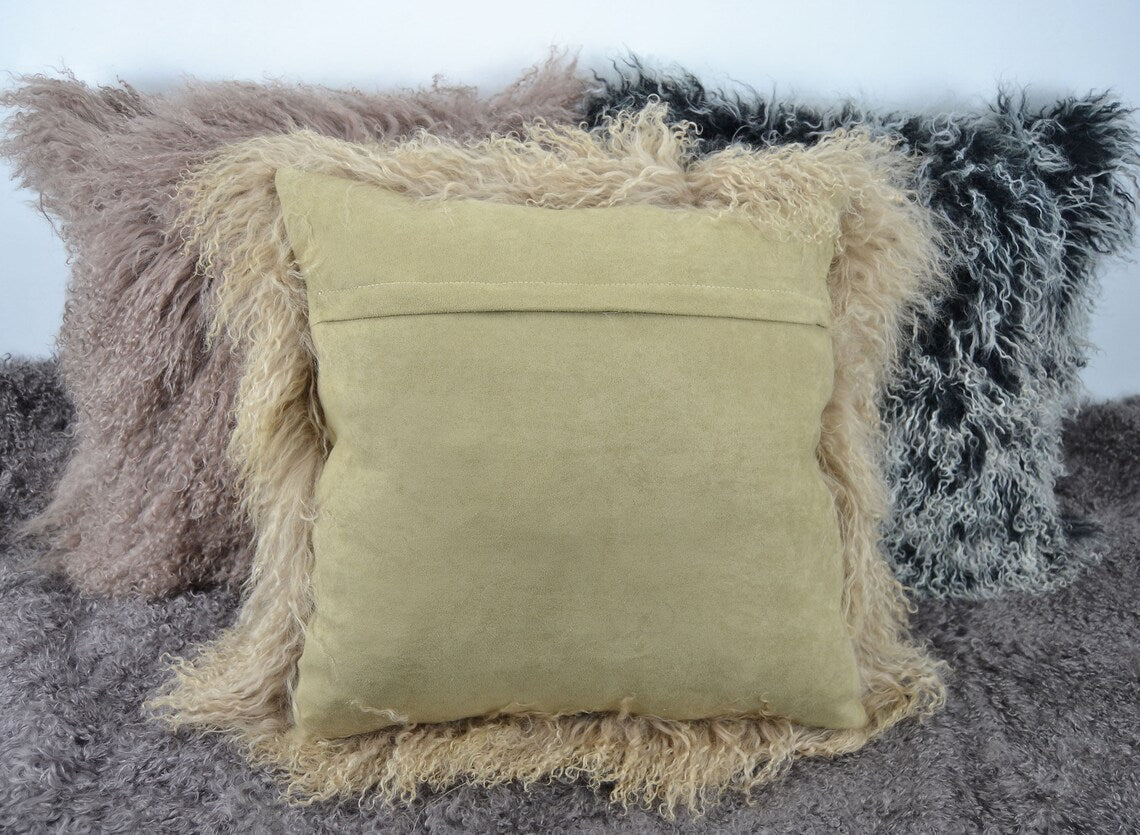 Housse de coussin en fourrure d'agneau tibétaine/mongole Beige foncé 