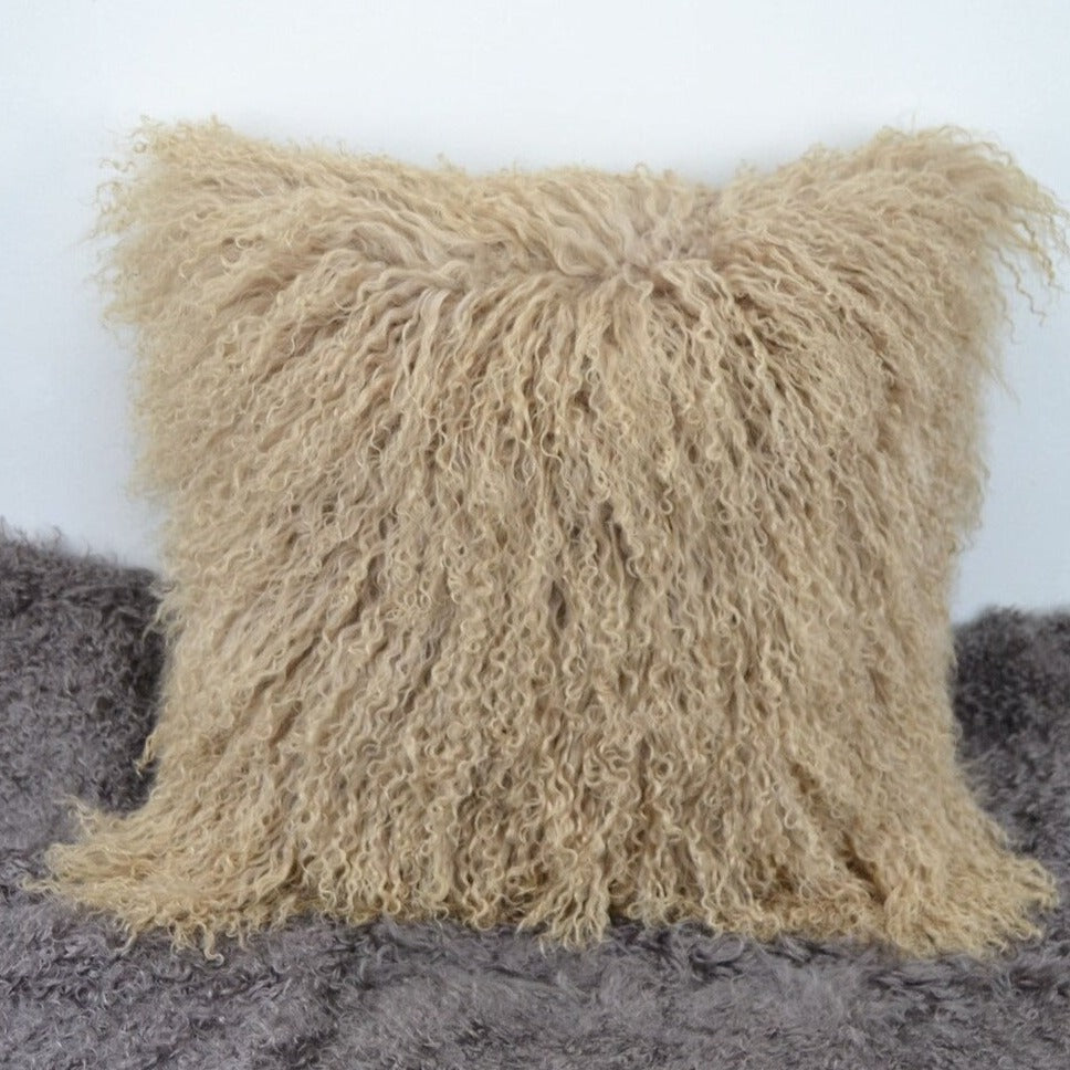 Housse de coussin en fourrure d'agneau tibétaine/mongole Beige foncé 