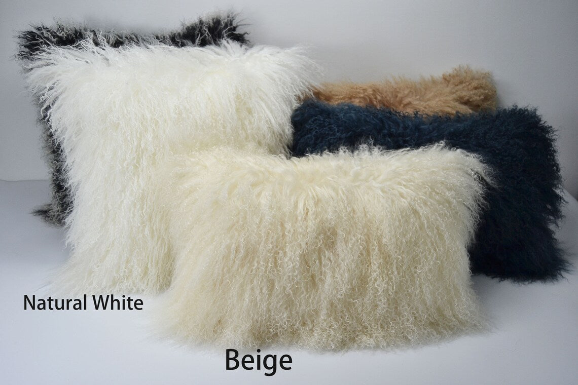Housse de coussin en fourrure d'agneau tibétain/mongol Beige 