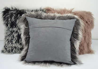 Housse de coussin en fourrure d'agneau tibétaine/mongole gris givré 