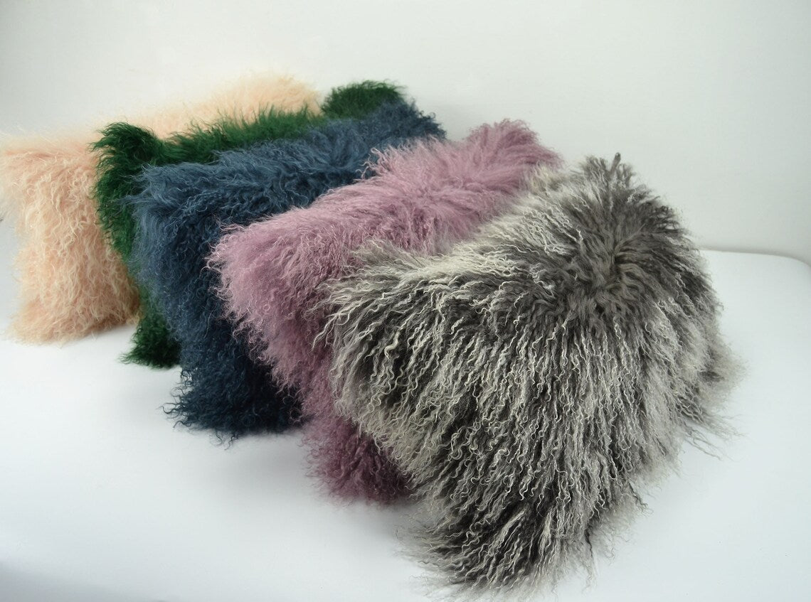 Housse de coussin en fourrure d'agneau tibétaine/mongole gris givré 