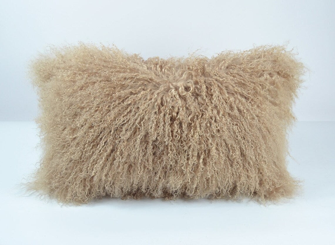 Housse de coussin en fourrure d'agneau tibétaine/mongole Beige foncé 