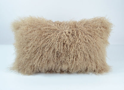 Housse de coussin en fourrure d'agneau tibétaine/mongole Beige foncé 