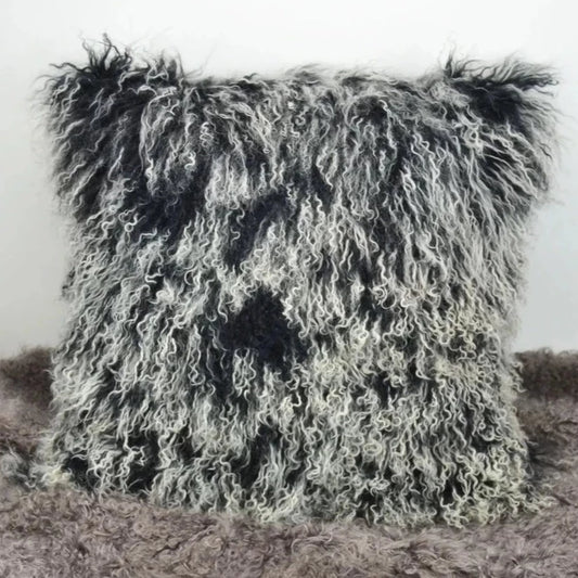 Housse de coussin en fourrure d'agneau tibétaine/mongole noir givré 