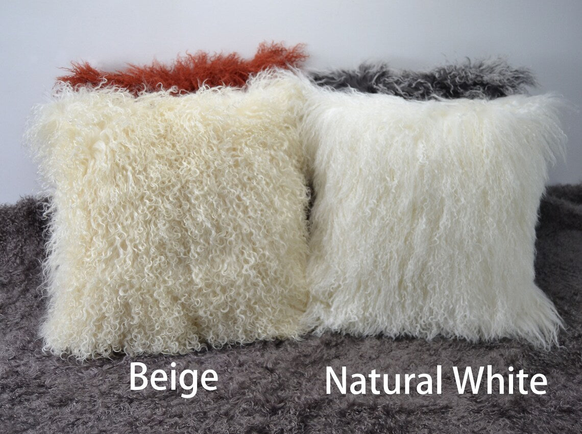 Housse de coussin en fourrure d'agneau tibétain/mongol Beige 