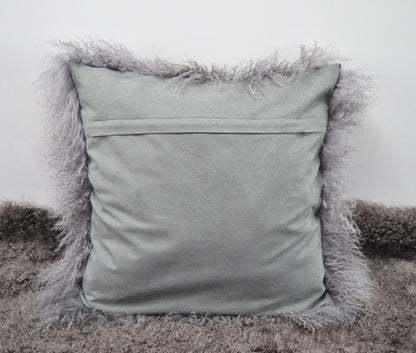 Housse de coussin en fourrure d'agneau tibétain/mongol gris 