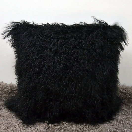 Housse de coussin en fourrure d'agneau tibétaine/mongole noire 