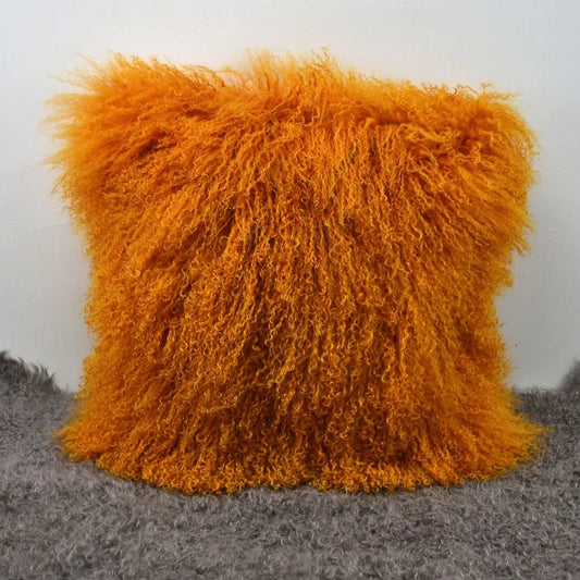 Housse de coussin en fourrure d'agneau tibétaine/mongole jaune curcumine 