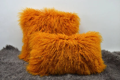 Housse de coussin en fourrure d'agneau tibétaine/mongole jaune curcumine 