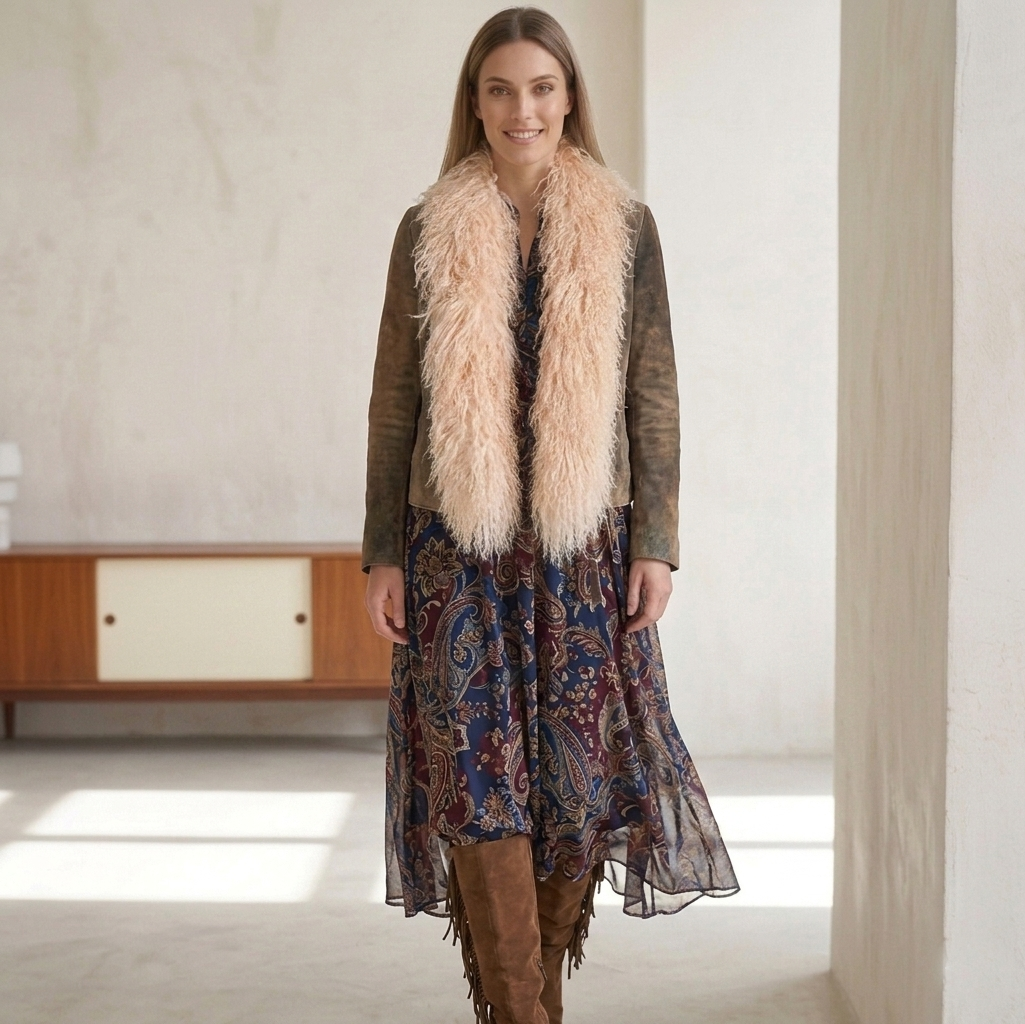 Mongolian lamb fur scarf displayed in multiple colors collection