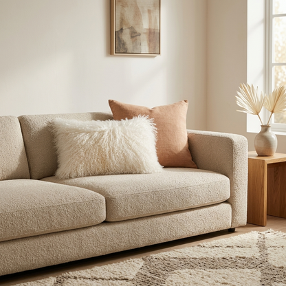 Luxury lamb fur lumbar pillow adding soft texture to a cozy home interior