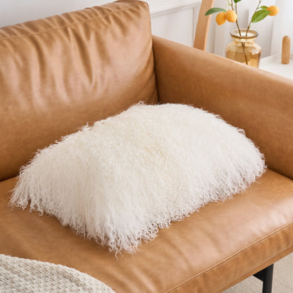 Luxury Mongolian lamb fur pillow in a neutral tone interior setting