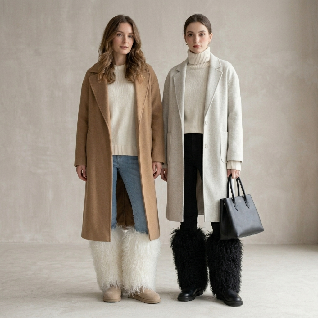 Two models wearing Mongolian lamb fur boot covers in black and white, styled with suede ankle boots against a neutral minimalist wall.