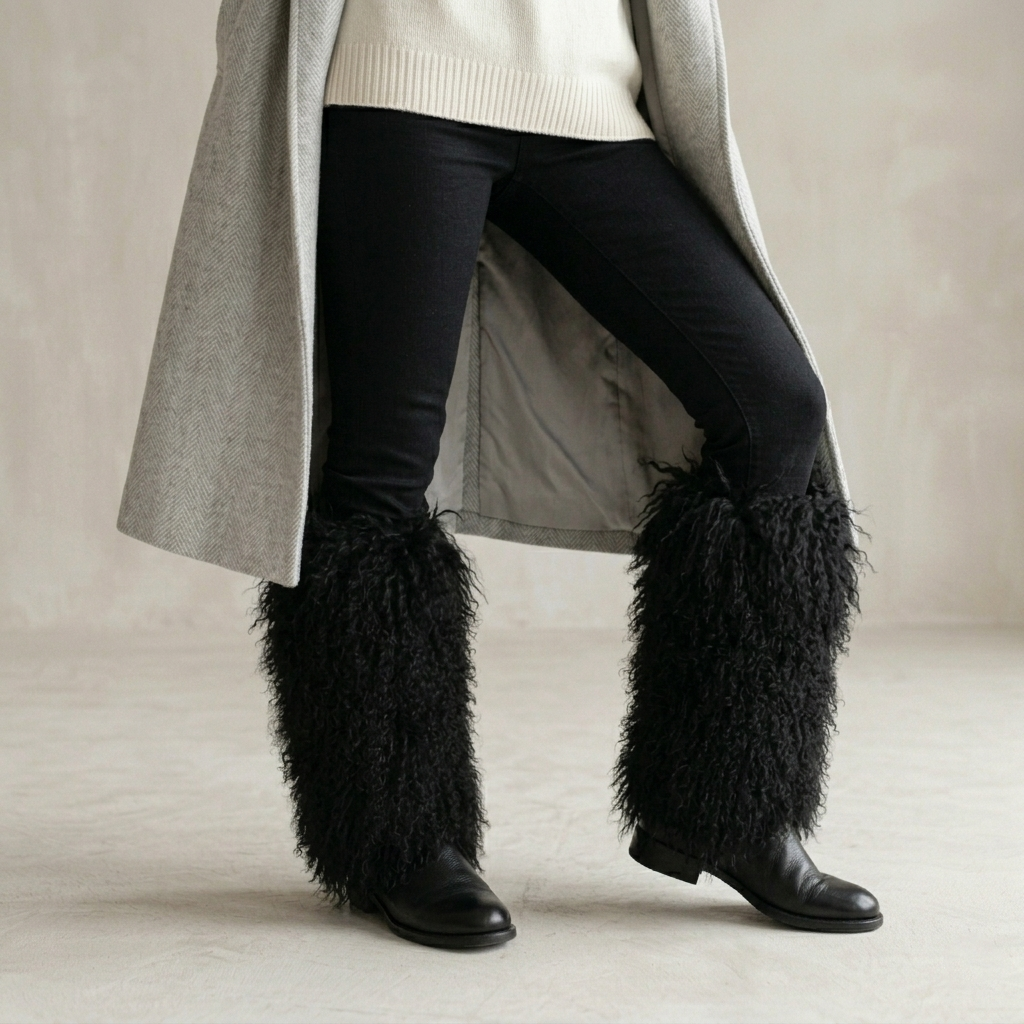 Close-up of black Mongolian lamb fur boot covers showing soft, curly genuine lamb fur texture.