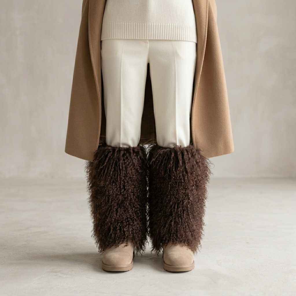 Woman wearing genuine Mongolian lamb fur boot covers with suede ankle boots against a neutral minimalist wall.