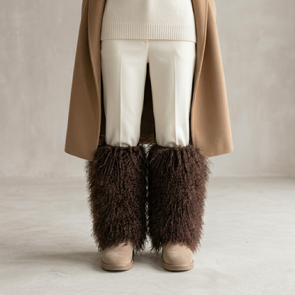 Woman wearing genuine Mongolian lamb fur boot covers with suede ankle boots against a neutral minimalist wall.
