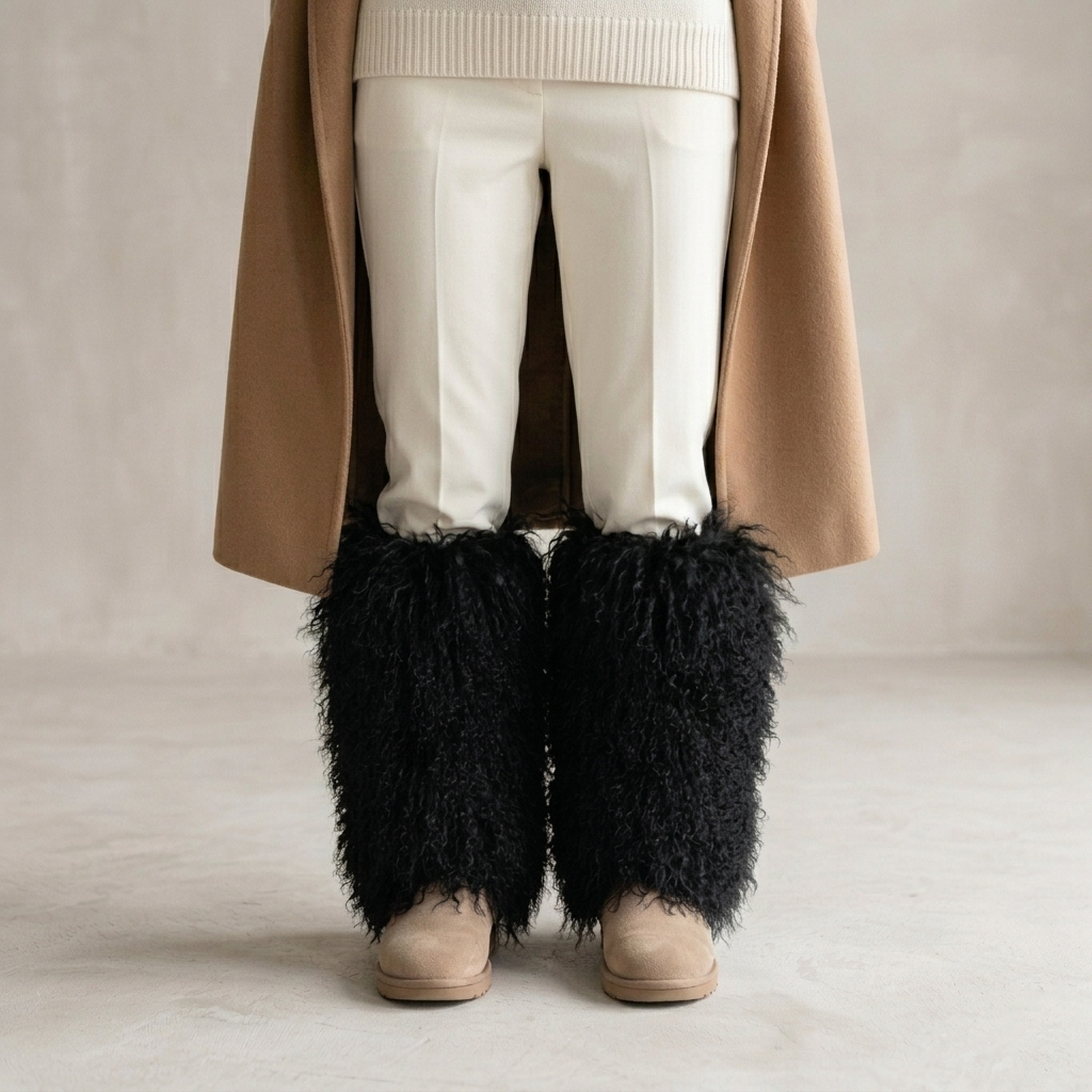 Woman wearing genuine Mongolian lamb fur boot covers against a neutral studio wall.