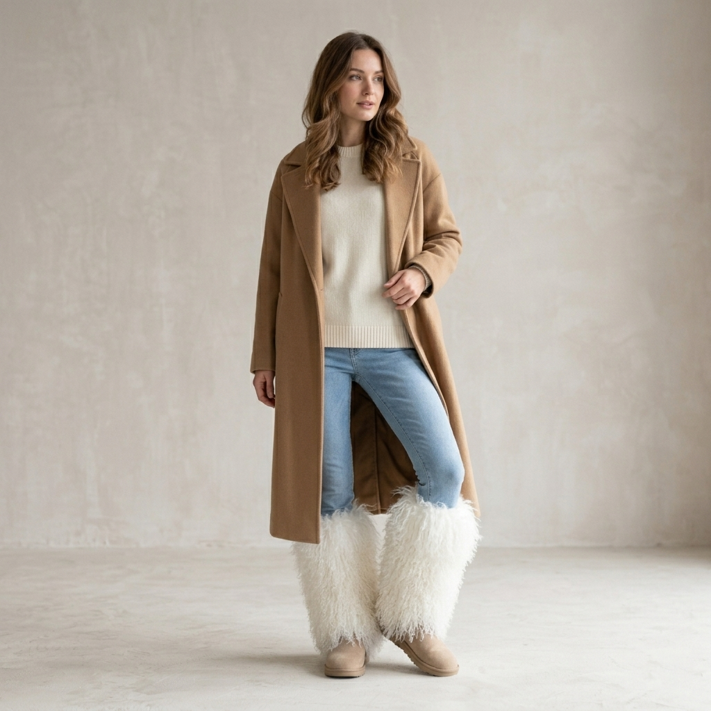 Woman wearing genuine Mongolian lamb fur boot covers with suede ankle boots against a neutral minimalist wall.