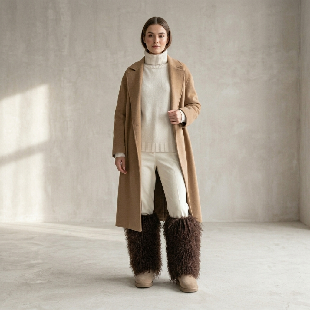 Woman wearing genuine Mongolian lamb fur boot covers with suede ankle boots against a neutral minimalist wall.