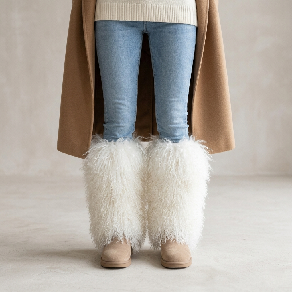 Woman wearing genuine Mongolian lamb fur boot covers against a neutral studio wall.