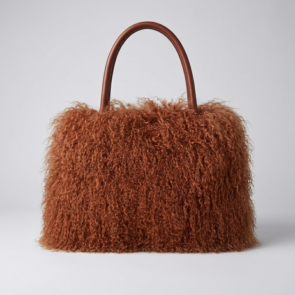 Genuine Mongolian Lamb Fur Handbag in Caramel, Soft Curly Fur Luxury Shoulder Bag