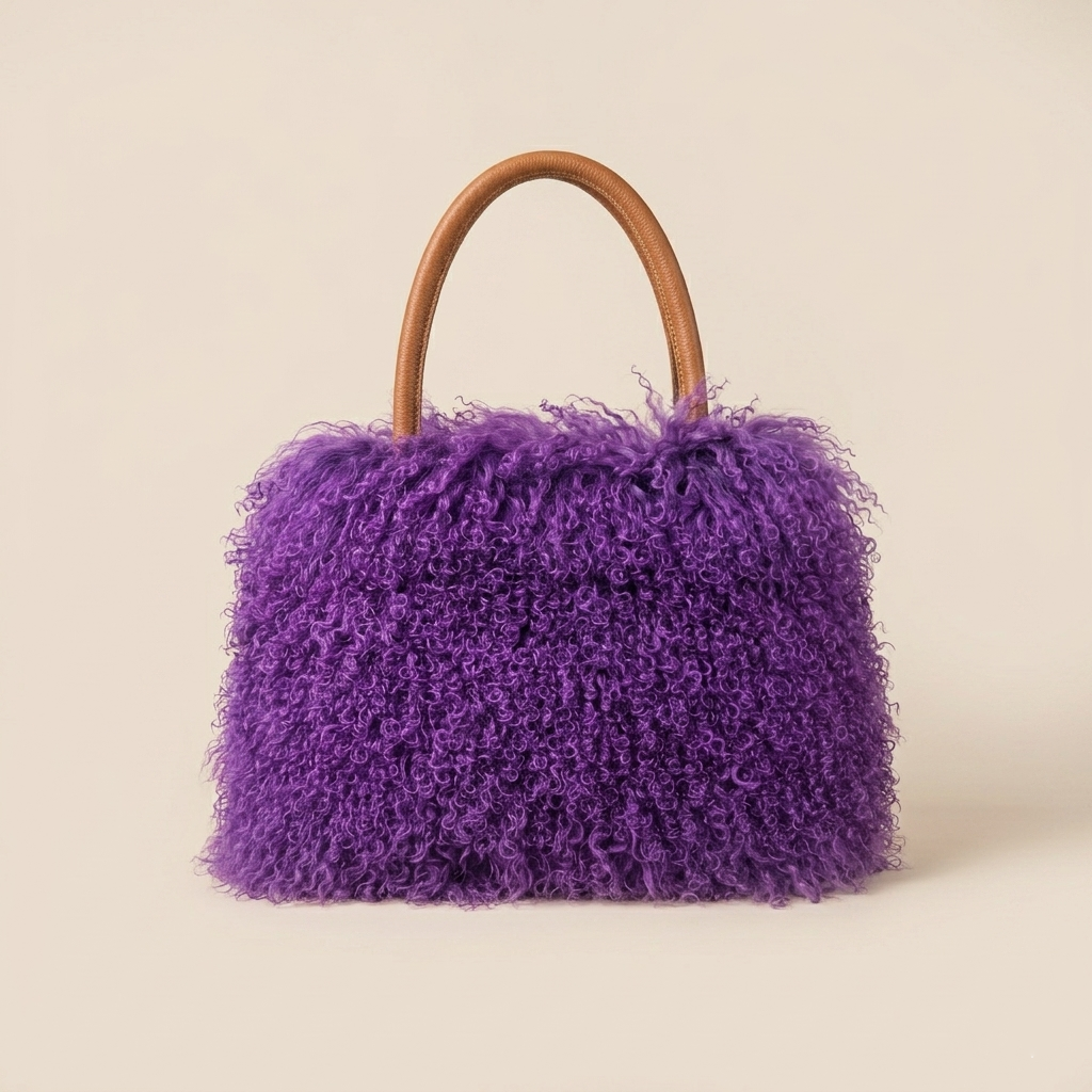 Genuine Mongolian Lamb Fur Handbag in Royal Lavender, Soft Curly Fur Luxury Shoulder Bag