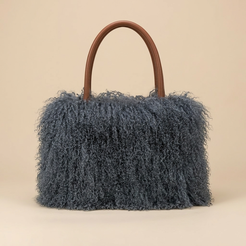 Genuine Mongolian Lamb Fur Handbag in Slate Blue, Soft Curly Fur Luxury Shoulder Bag