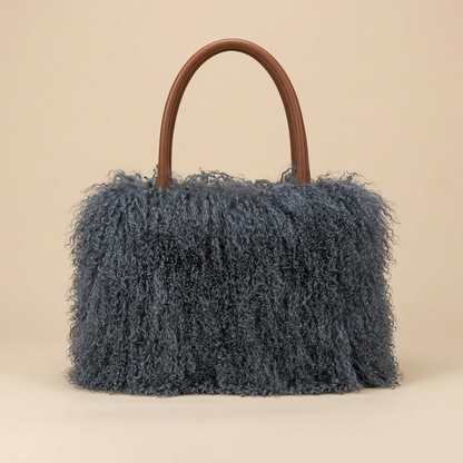 Genuine Mongolian Lamb Fur Handbag in Slate Blue, Soft Curly Fur Luxury Shoulder Bag