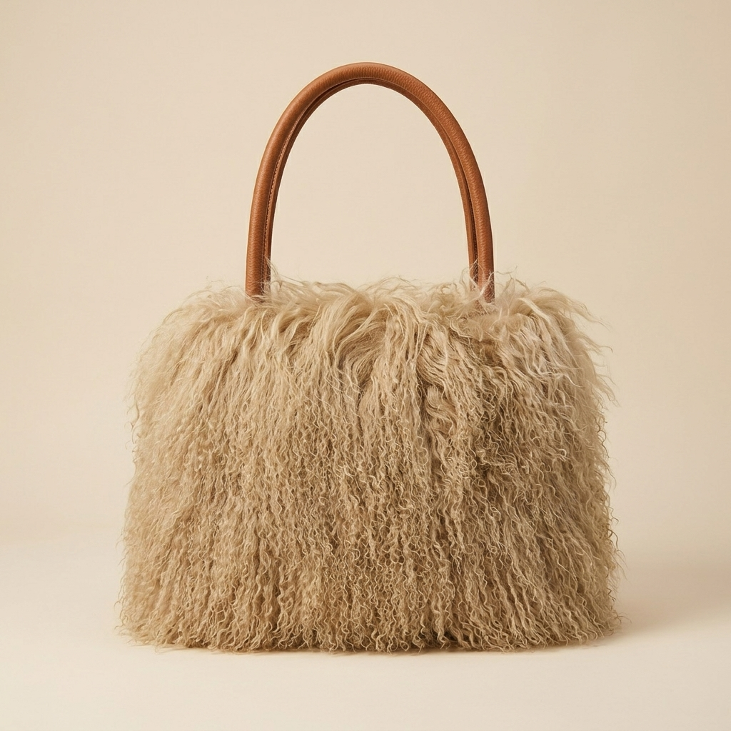 Genuine Mongolian Lamb Fur Handbag in dark beige, Soft Curly Fur Luxury Shoulder Bag