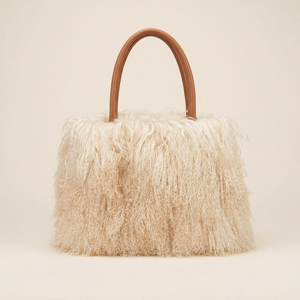 Genuine Mongolian Lamb Fur Handbag in Beige, Soft Curly Fur Luxury Shoulder Bag