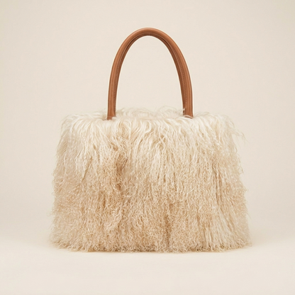 Genuine Mongolian Lamb Fur Handbag in Beige, Soft Curly Fur Luxury Shoulder Bag