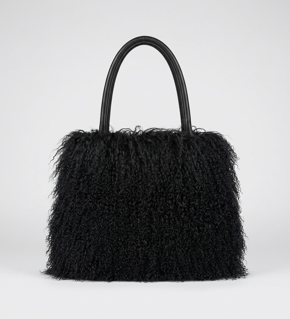 Genuine Mongolian Lamb Fur Handbag in black Soft Curly Fur Luxury Shoulder Bag