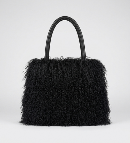 Genuine Mongolian Lamb Fur Handbag in black Soft Curly Fur Luxury Shoulder Bag