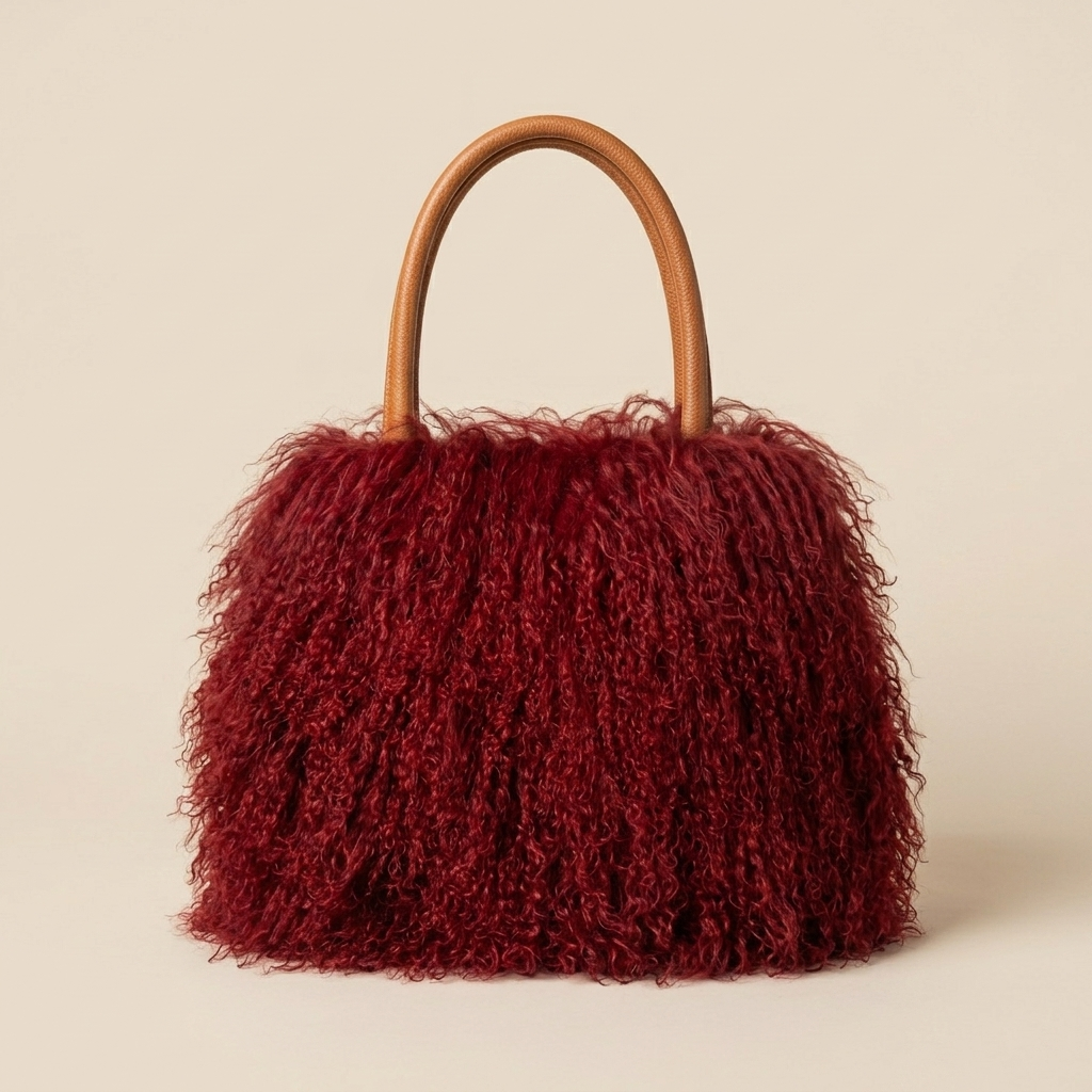 Genuine Mongolian Lamb Fur Handbag in burgundy, Soft Curly Fur Luxury Shoulder Bag