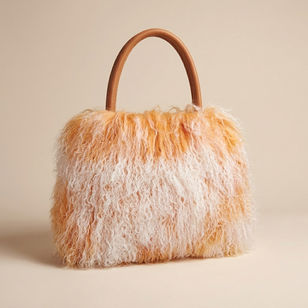Genuine Mongolian Lamb Fur Handbag in frosted Beige , Soft Curly Fur Luxury Shoulder Bag