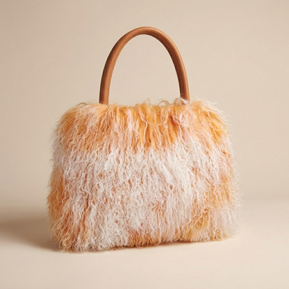 Genuine Mongolian Lamb Fur Handbag in frosted Beige , Soft Curly Fur Luxury Shoulder Bag