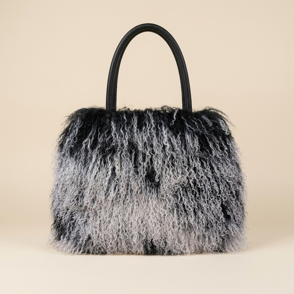 Genuine Mongolian Lamb Fur Handbag in frosted Grey, Soft Curly Fur Luxury Shoulder Bag