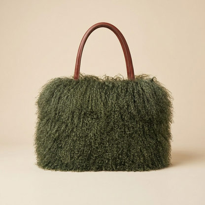 Genuine Mongolian Lamb Fur Handbag in moss green, Soft Curly Fur Luxury Shoulder Bag
