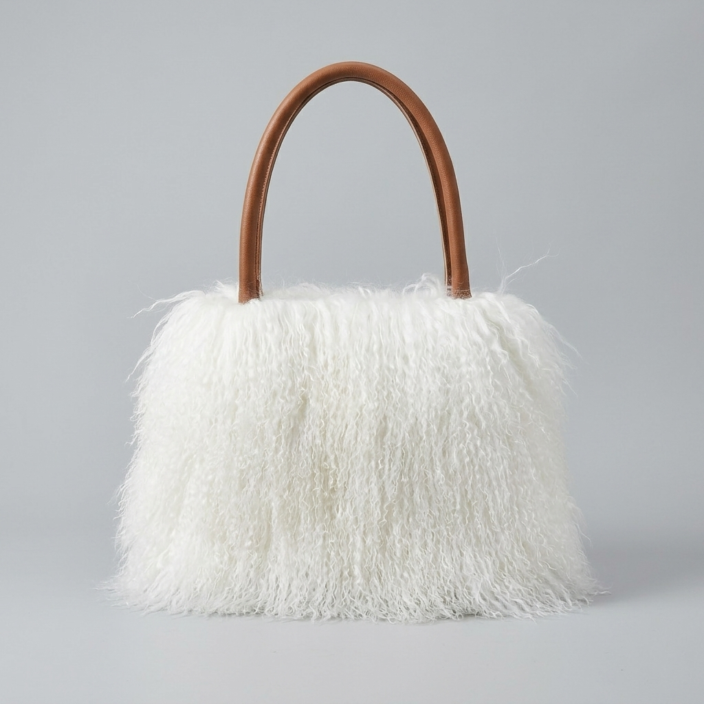 Genuine Mongolian Lamb Fur Handbag in natural_white, Soft Curly Fur Luxury Shoulder Bag