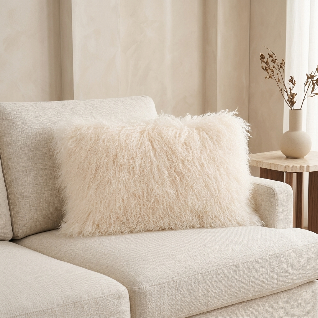 Genuine Mongolian lamb fur lumbar pillow 12x20 in beige
